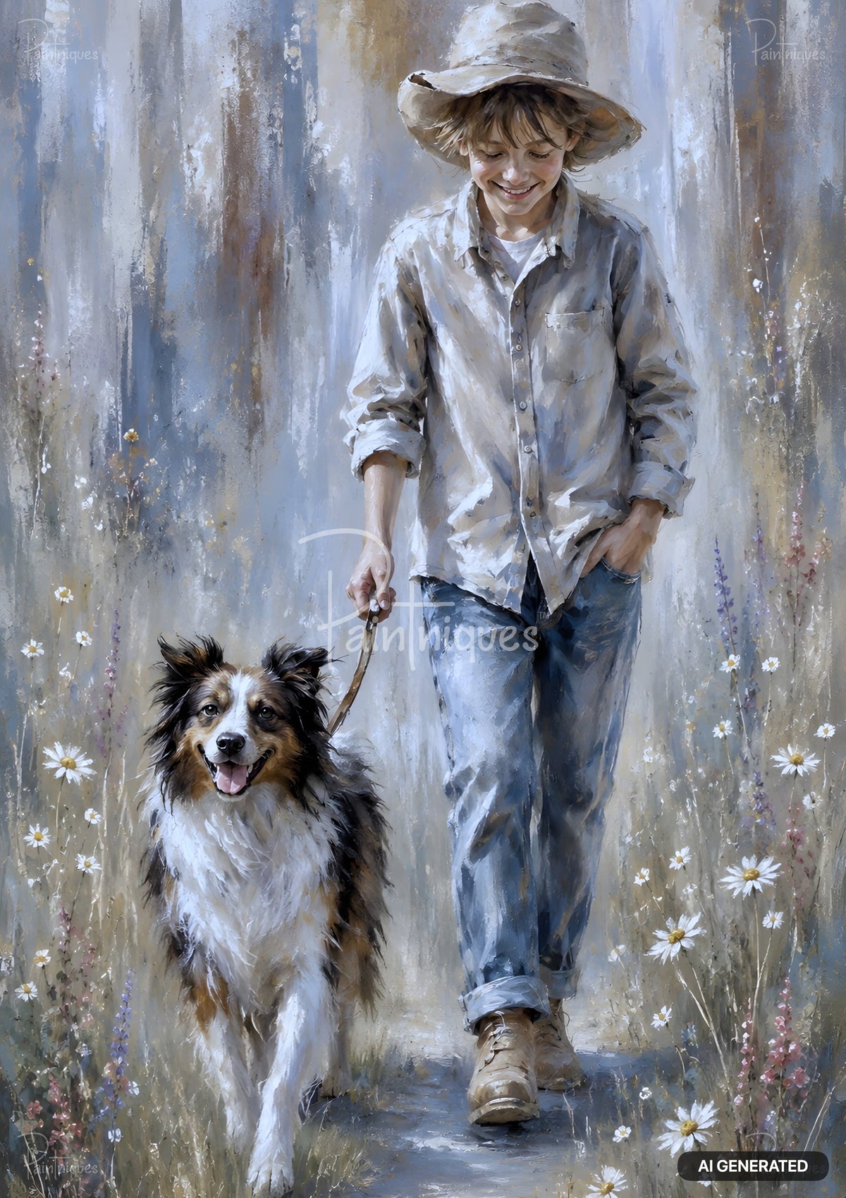 Painting of a smiling person in a straw hat and button-up shirt walking a happy, shaggy dog on a leash in a field of flowers.