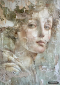 A distressed fresco painting of a draped woman with curly hair looking right, rendered on peeling, cracked plaster.