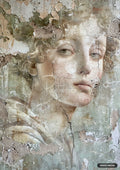 A fresco of a cherubic figure with blond curls, cracking and flaking from a light green plaster wall background.