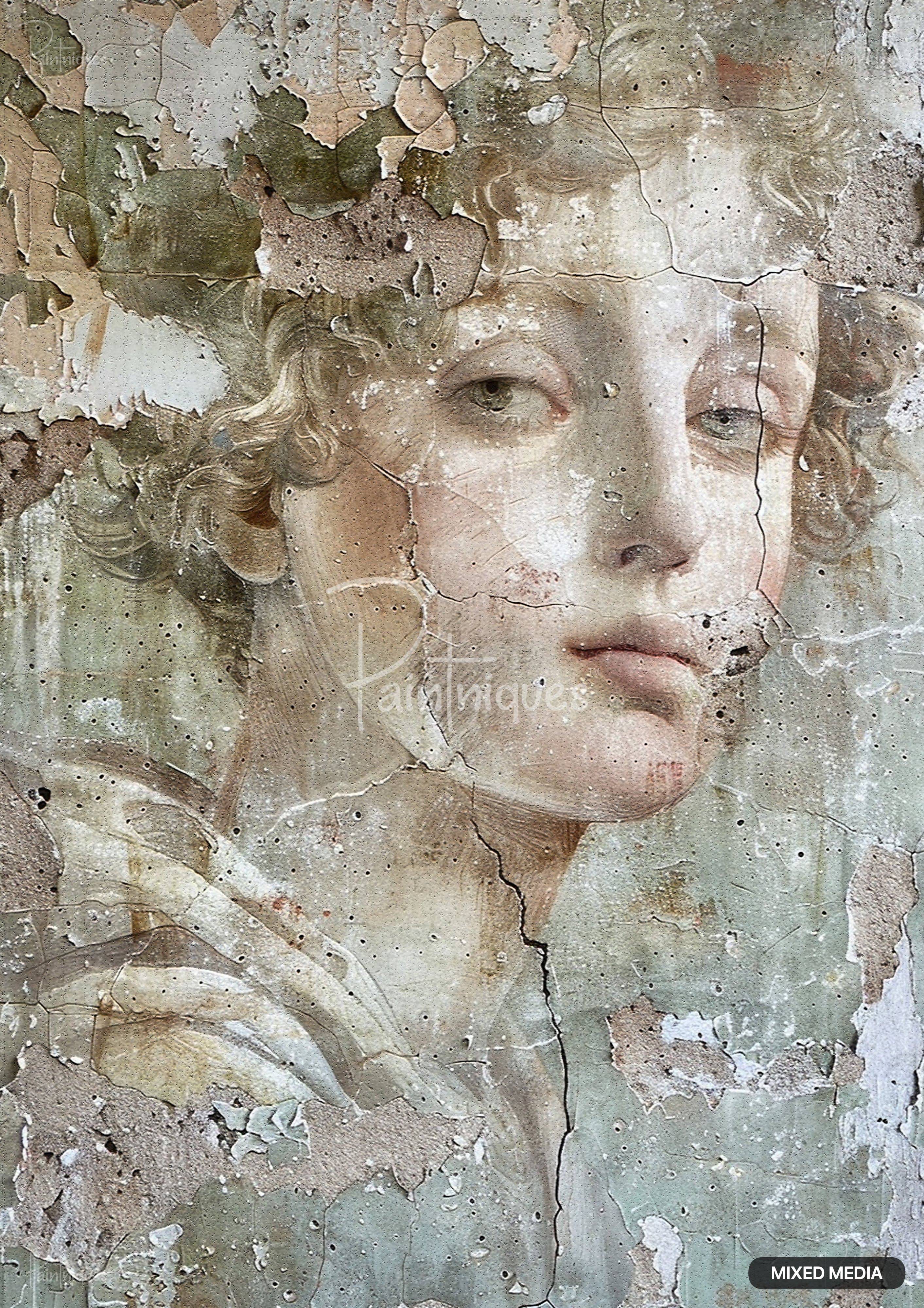 A fresco of a cherubic figure with blond curls, cracking and flaking from a light green plaster wall background.