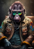 A gorilla wearing reflective aviator sunglasses, a brown leather jacket with colorful paint splashes, and a dark blue shirt.