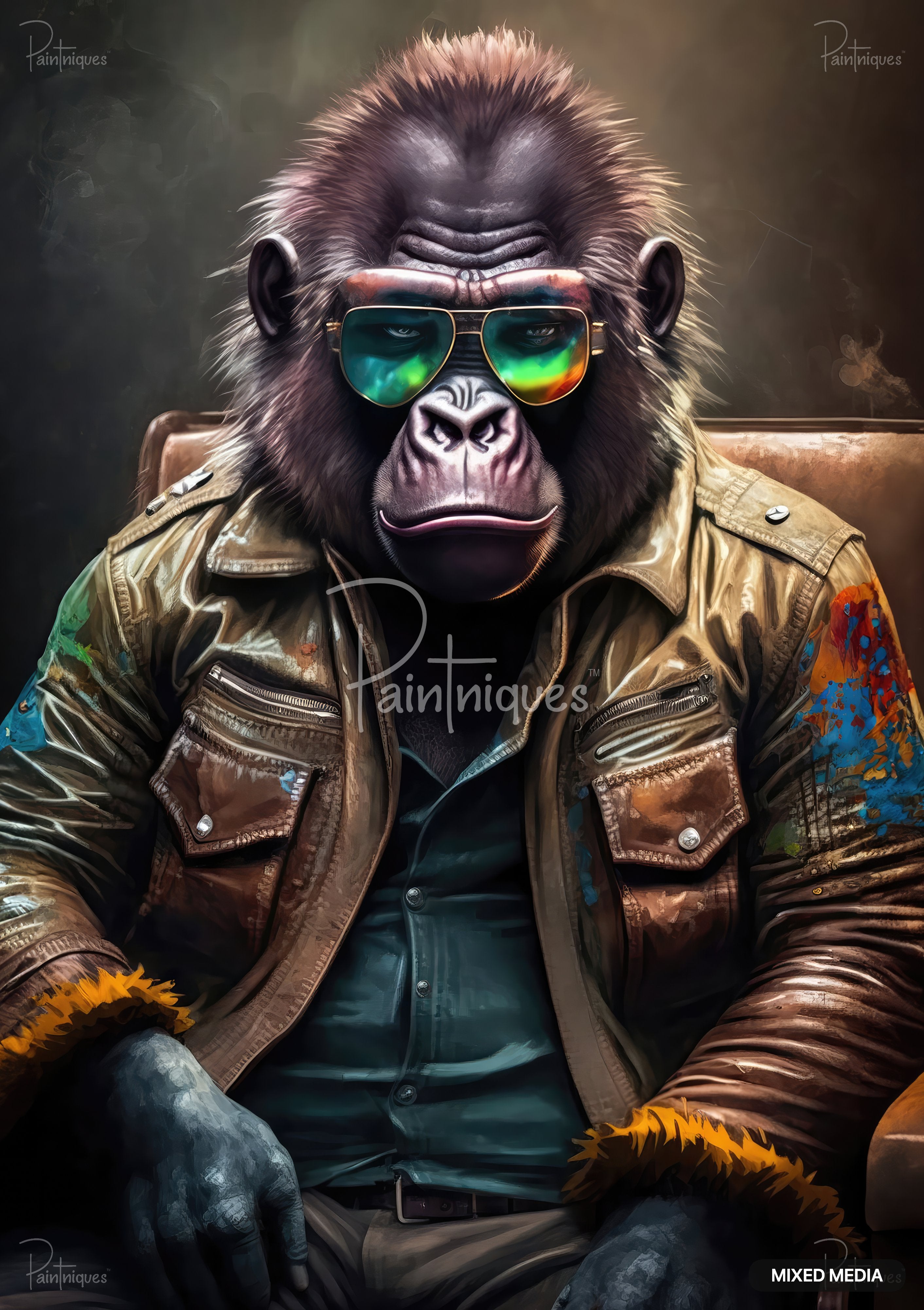 A gorilla wearing reflective aviator sunglasses, a brown leather jacket with colorful paint splashes, and a dark blue shirt.