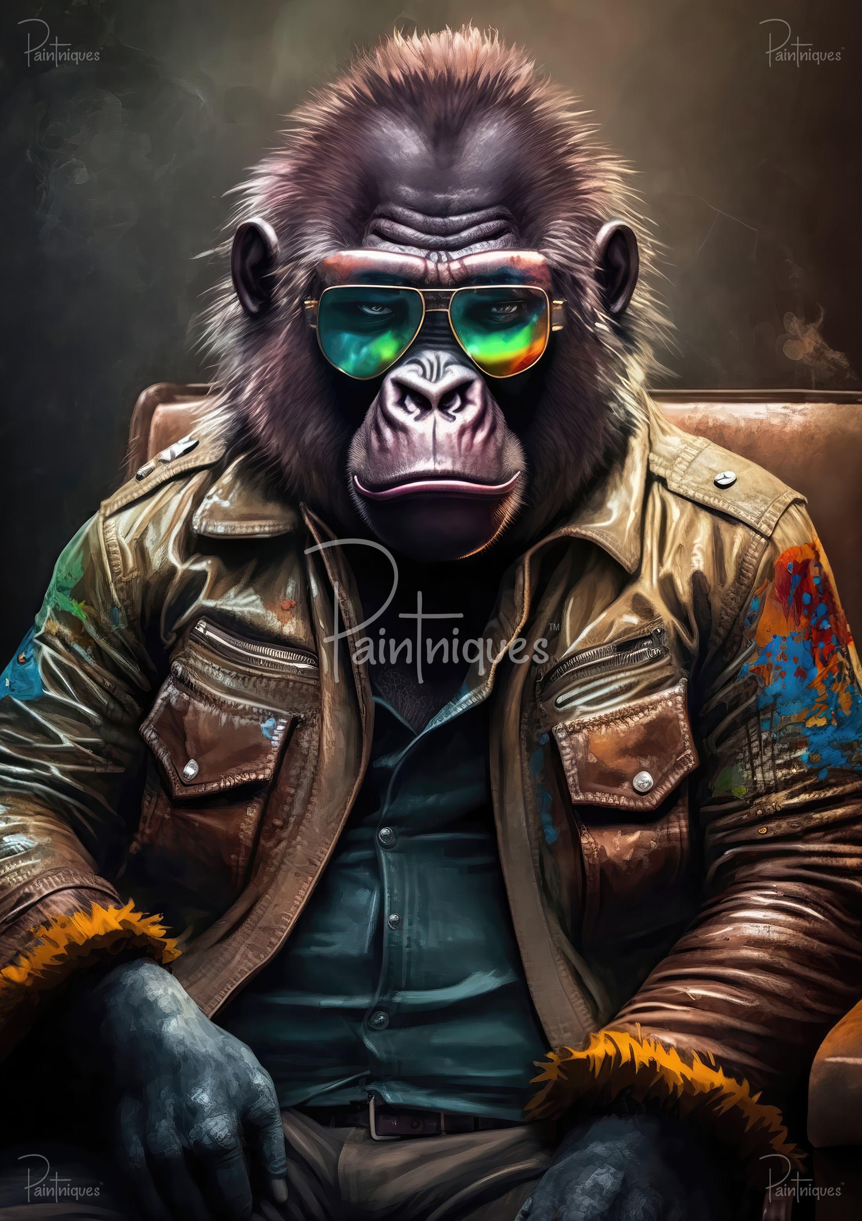 Gorilla wearing reflective aviator sunglasses and a paint-splattered leather jacket, seated with hands visible.
