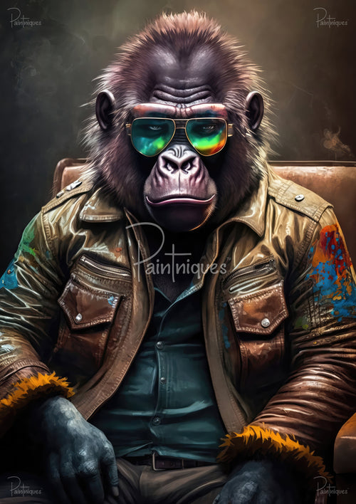 Gorilla wearing reflective aviator sunglasses and a paint-splattered leather jacket, seated with hands visible.