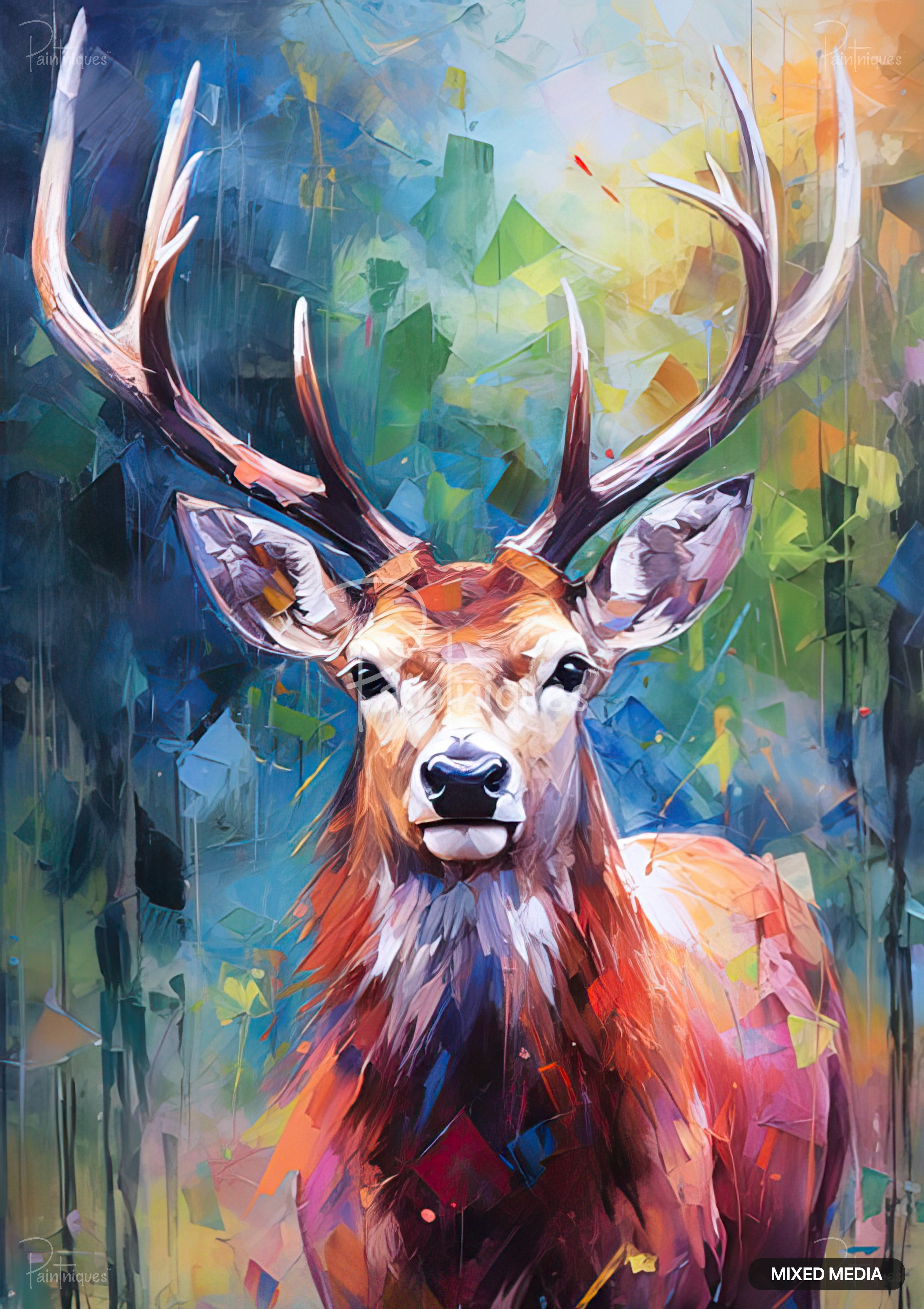 A vibrant, angular painting of a deer with large antlers, emerging from a colorful, abstract background.