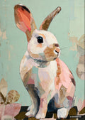 Textured brushstrokes form a white rabbit with pink ears on a mint green background, abstract shapes.