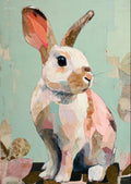Mixed-media decoupage rabbit collage with upright ears, large dark eye and patchwork pink, tan and white on mint-green background