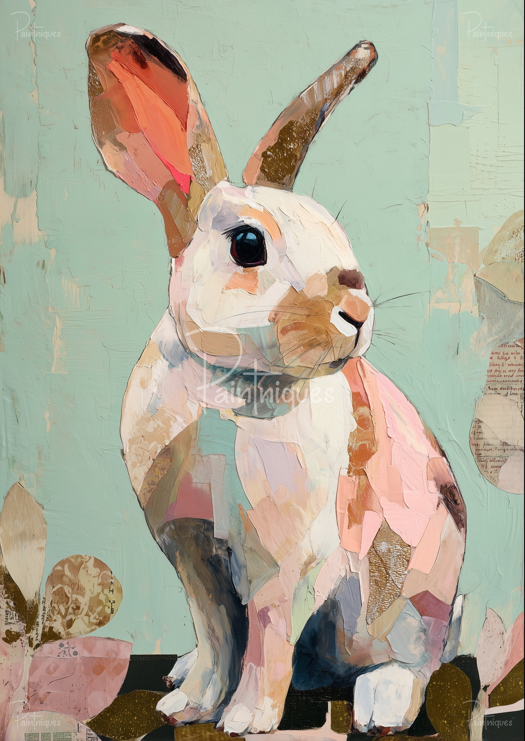 Mixed-media decoupage rabbit collage with upright ears, large dark eye and patchwork pink, tan and white on mint-green background