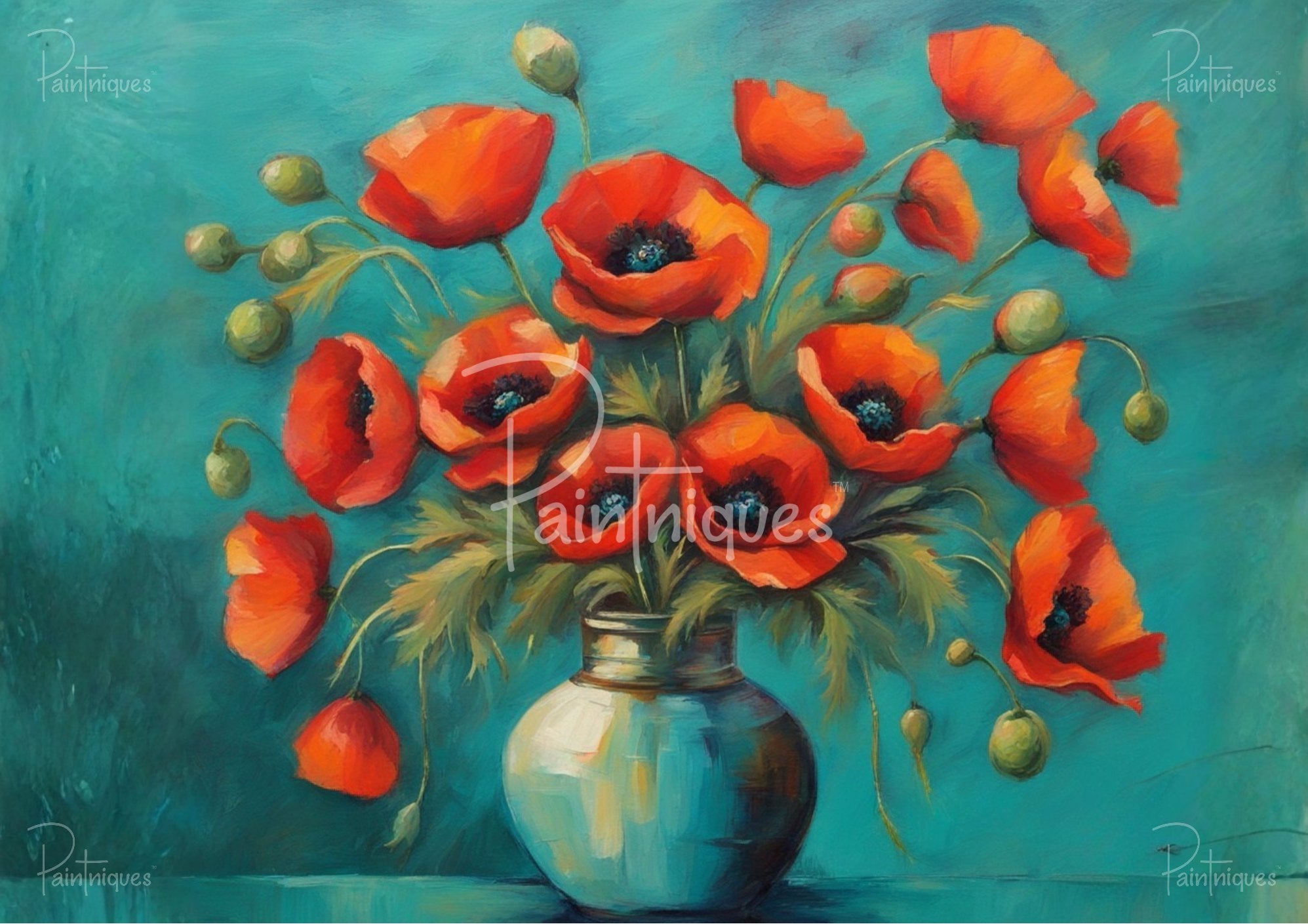 An oil painting of red poppies and green buds in a mottled, light blue vase against a teal background.