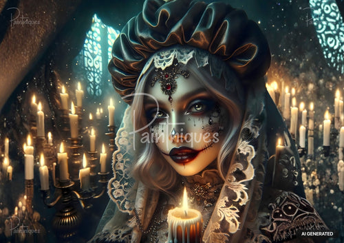 A woman in ornate dark attire & head covering, with theatrical makeup, holding a candle, surrounded by candles.