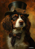 A brown, black, and white long-haired dog wears a black top hat with steampunk gears, a pocket watch, and goggles.