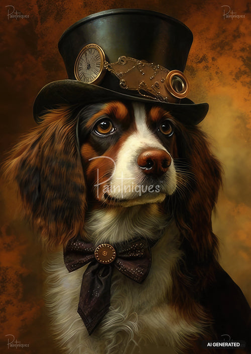 A brown, black, and white long-haired dog wears a black top hat with steampunk gears, a pocket watch, and goggles.