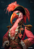 A vivid pink flamingo with a large orange beak, wearing a black and gold feathered pirate hat and an ornate red and blue coat.