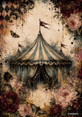 Vintage circus tent and lady, surrounded by butterflies, ornate patterns, and red/pink peonies on a distressed background.