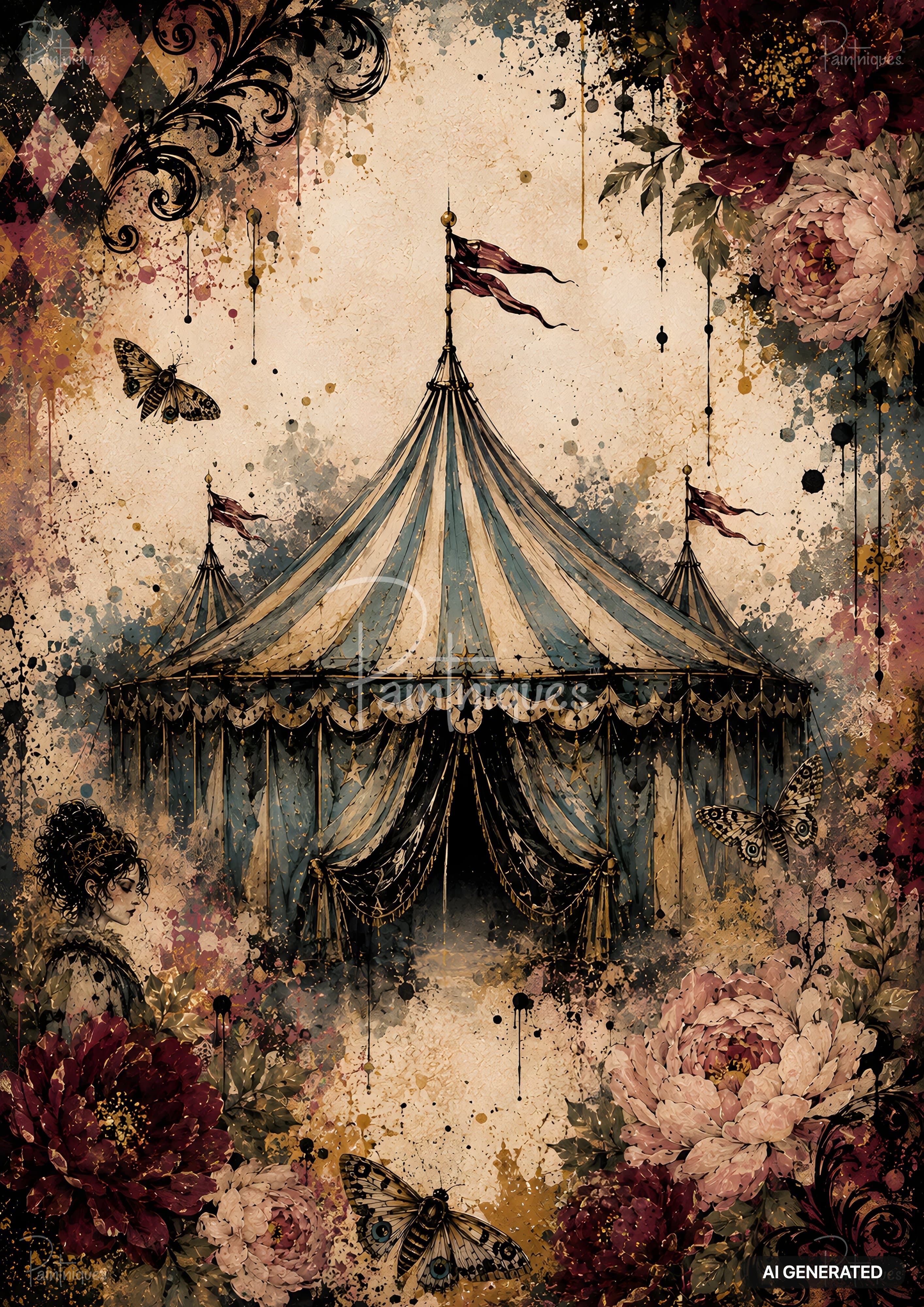 Vintage circus tent and lady, surrounded by butterflies, ornate patterns, and red/pink peonies on a distressed background.