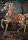 A carousel horse, cream-colored, with a dark bridle adorned with jewels, a saddle, and a pink bird on its back.