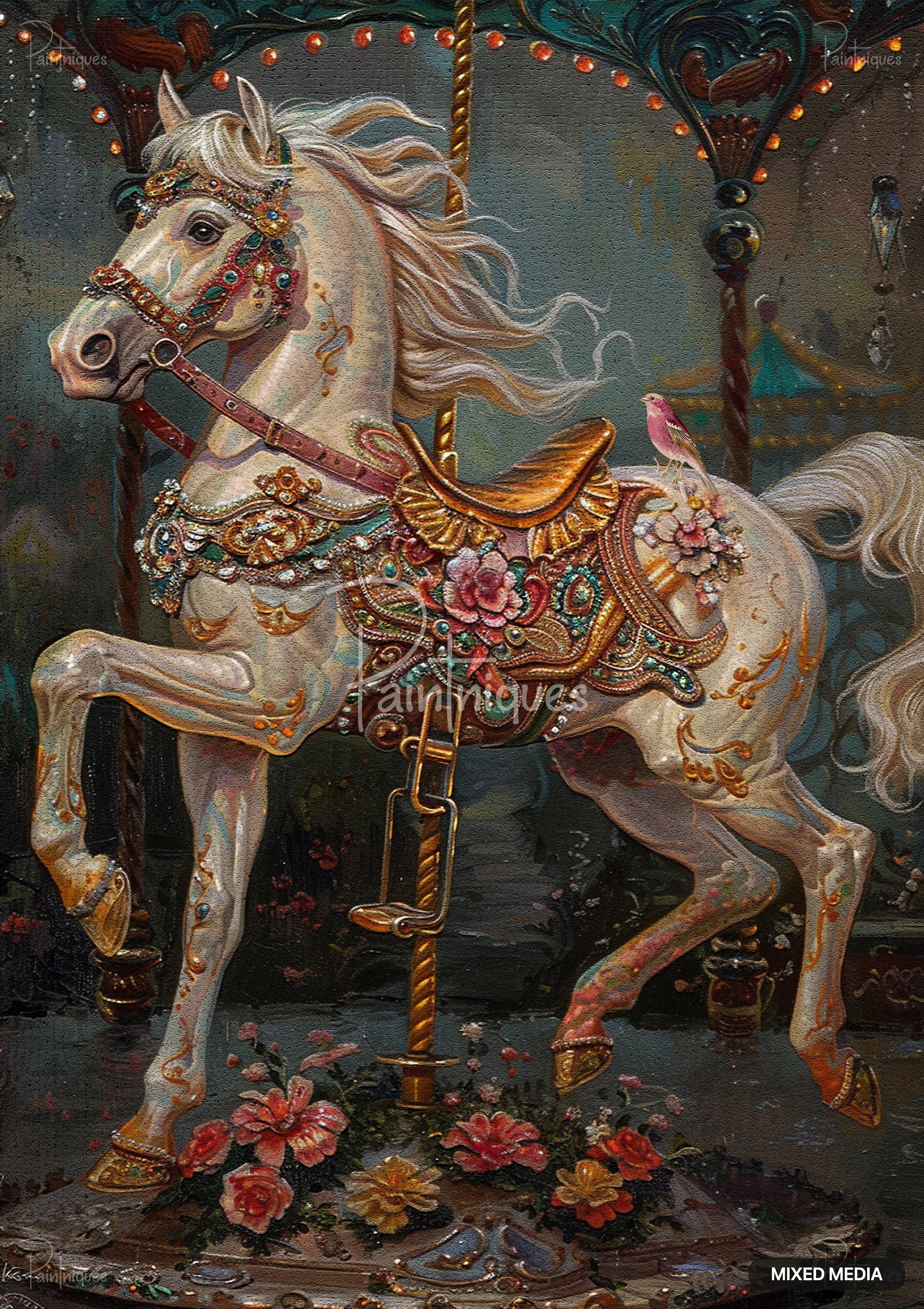 A carousel horse, cream-colored, with a dark bridle adorned with jewels, a saddle, and a pink bird on its back.