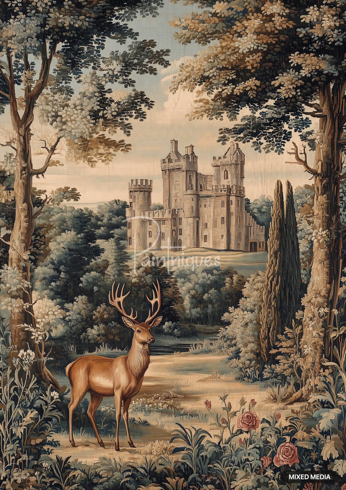 A majestic stag with antlers stands in a lush forest with tall trees and flowering plants, a large stone castle in the background.