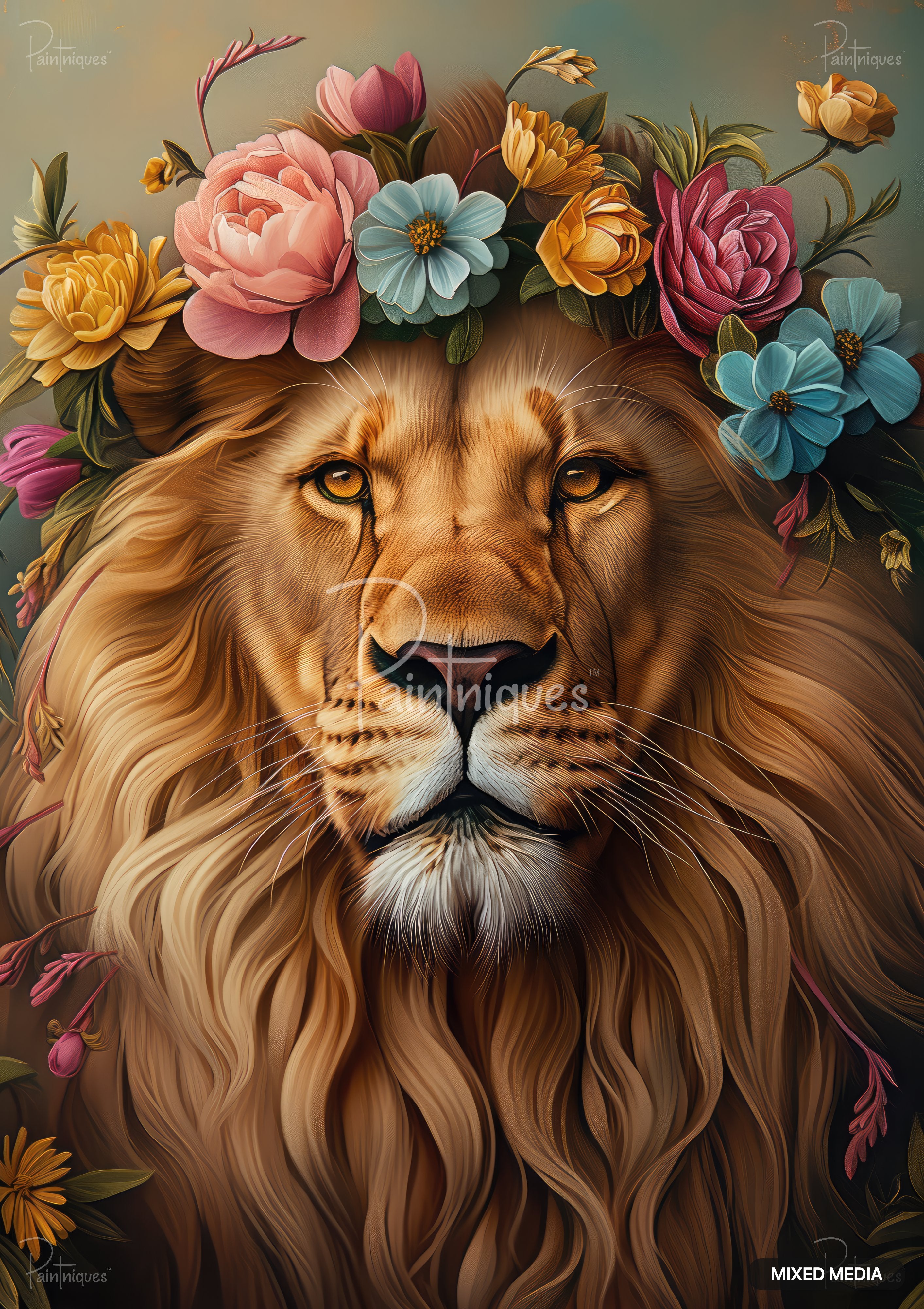 A majestic lion or lioness with a rich, full mane, adorned with a vibrant crown of various flowers.