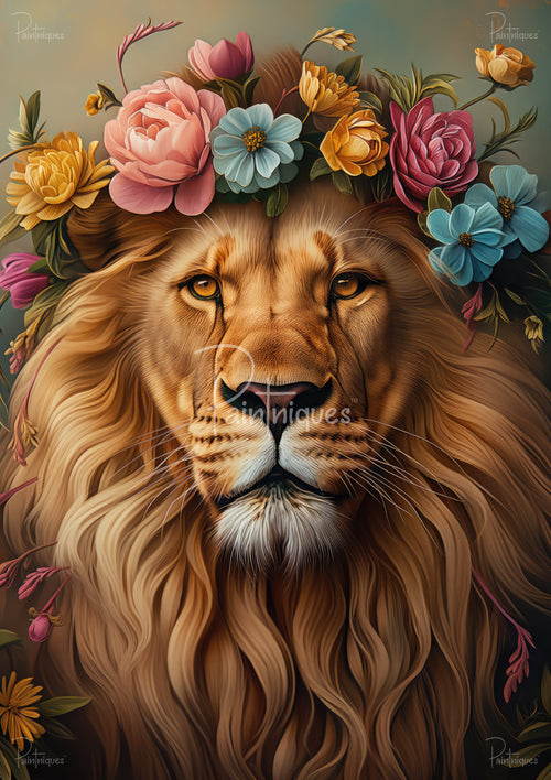 Close-up stylized lion face with golden eyes, flowing mane and a crown of pink, yellow and blue flowers.