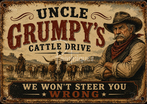 Distressed vintage western sign: stern cowboy in hat and bandana at right, cattle drive with rider center, headline text