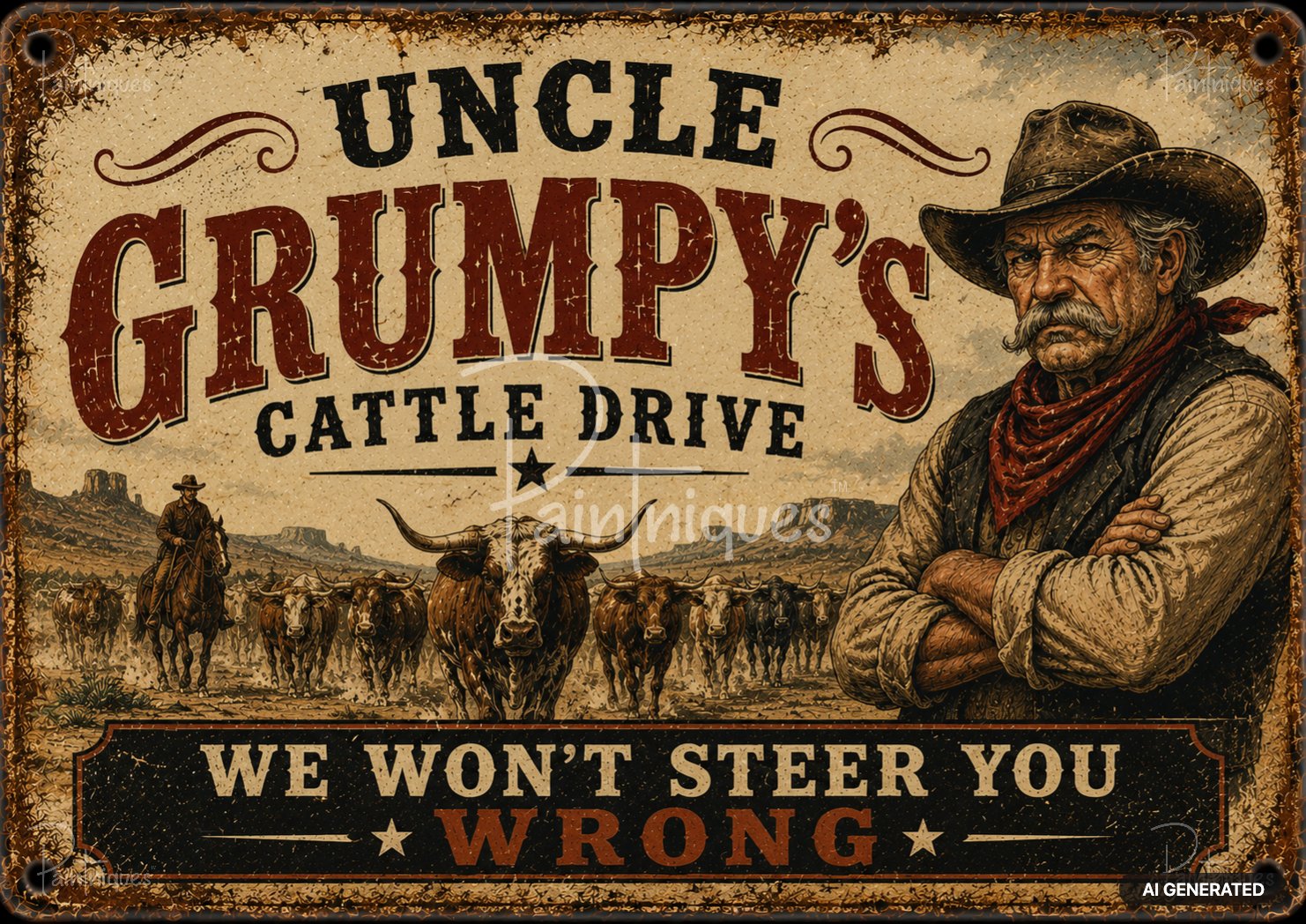 Vintage sign with a cowboy, text, and other cowboys driving cattle across a dusty landscape, mountains in distance.
