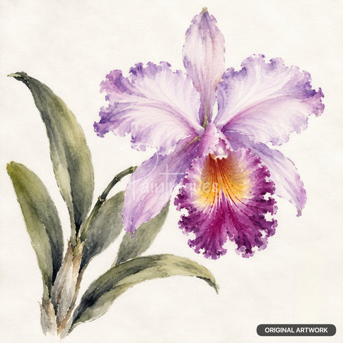 A watercolor painting of a purple orchid with ruffled petals and a yellow-orange center, supported by green leaves.
