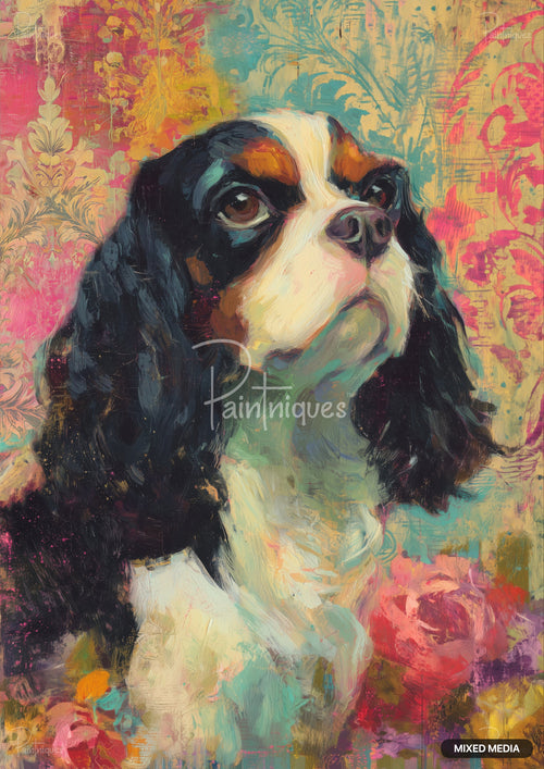 Painting of a black, white, and brown dog with large eyes, white and black fur, and a flowery background.
