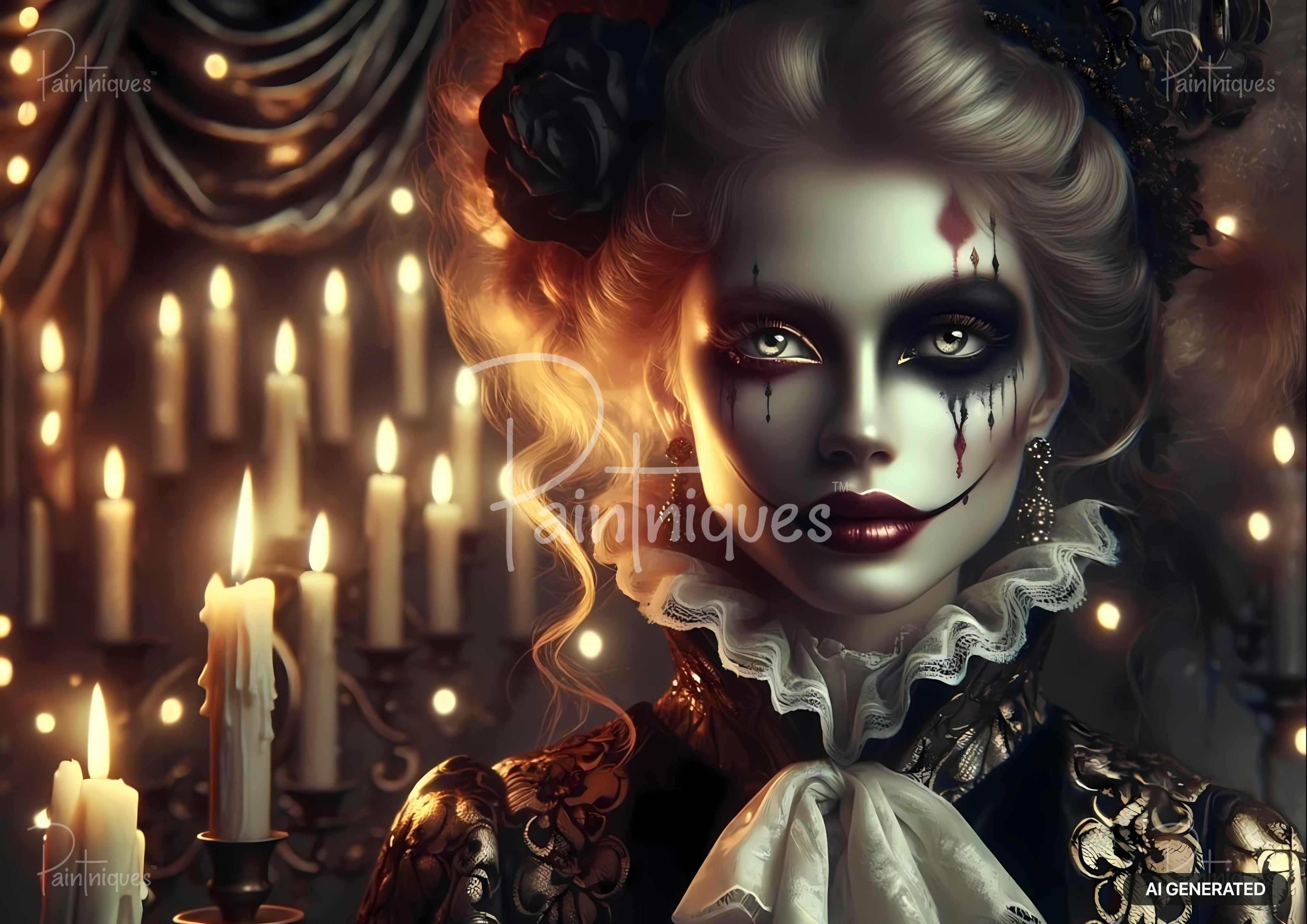Woman with pale skin, dramatic makeup, and red lips, in a Victorian-style outfit, surrounded by lit candles.