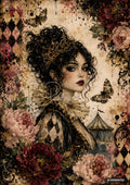 Painting of a woman with dark curly hair, golden crown, and ruffled collar. Harlequin pattern, flowers, butterflies, and a circus tent appear around her.