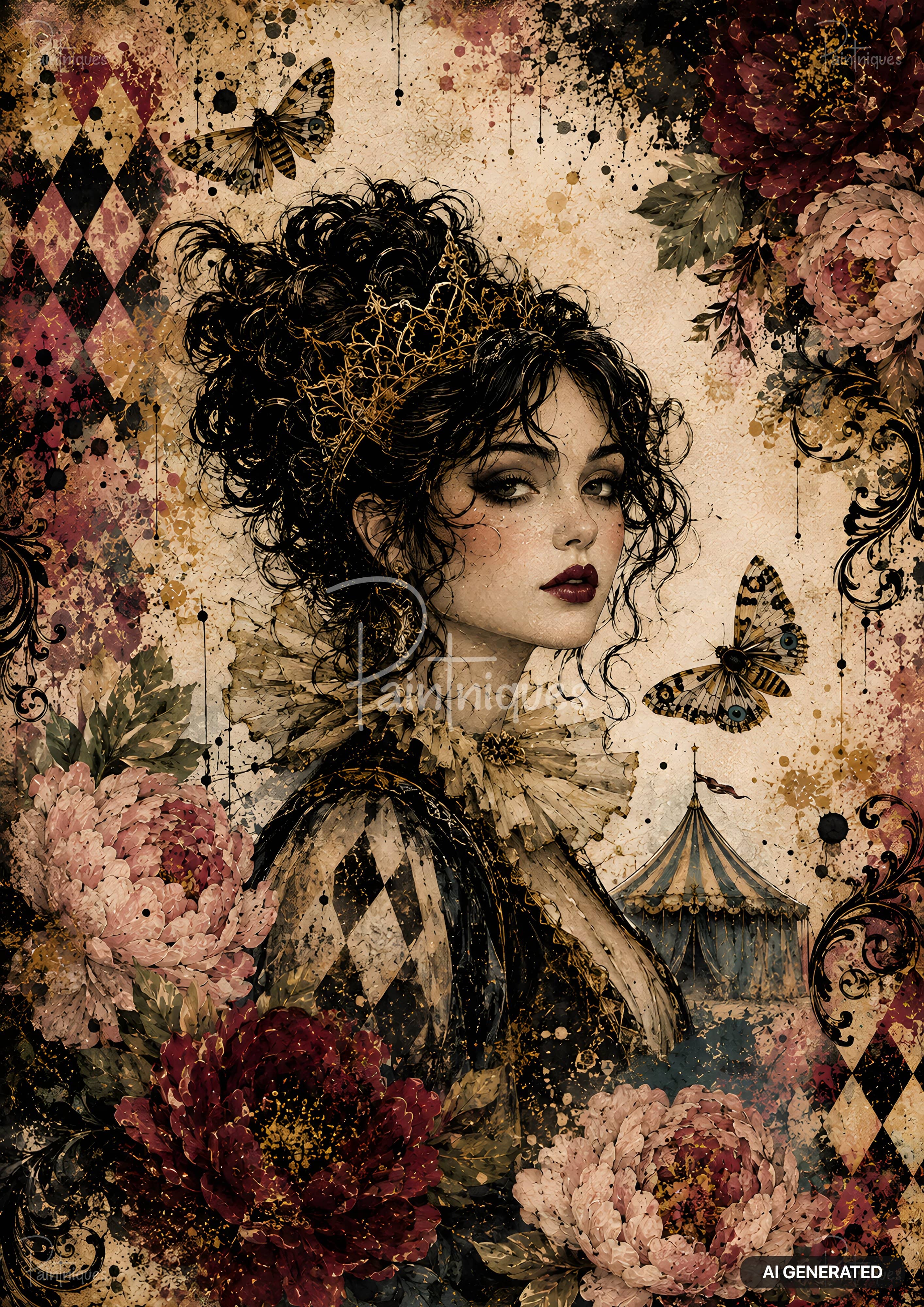 Painting of a woman with dark curly hair, golden crown, and ruffled collar. Harlequin pattern, flowers, butterflies, and a circus tent appear around her.