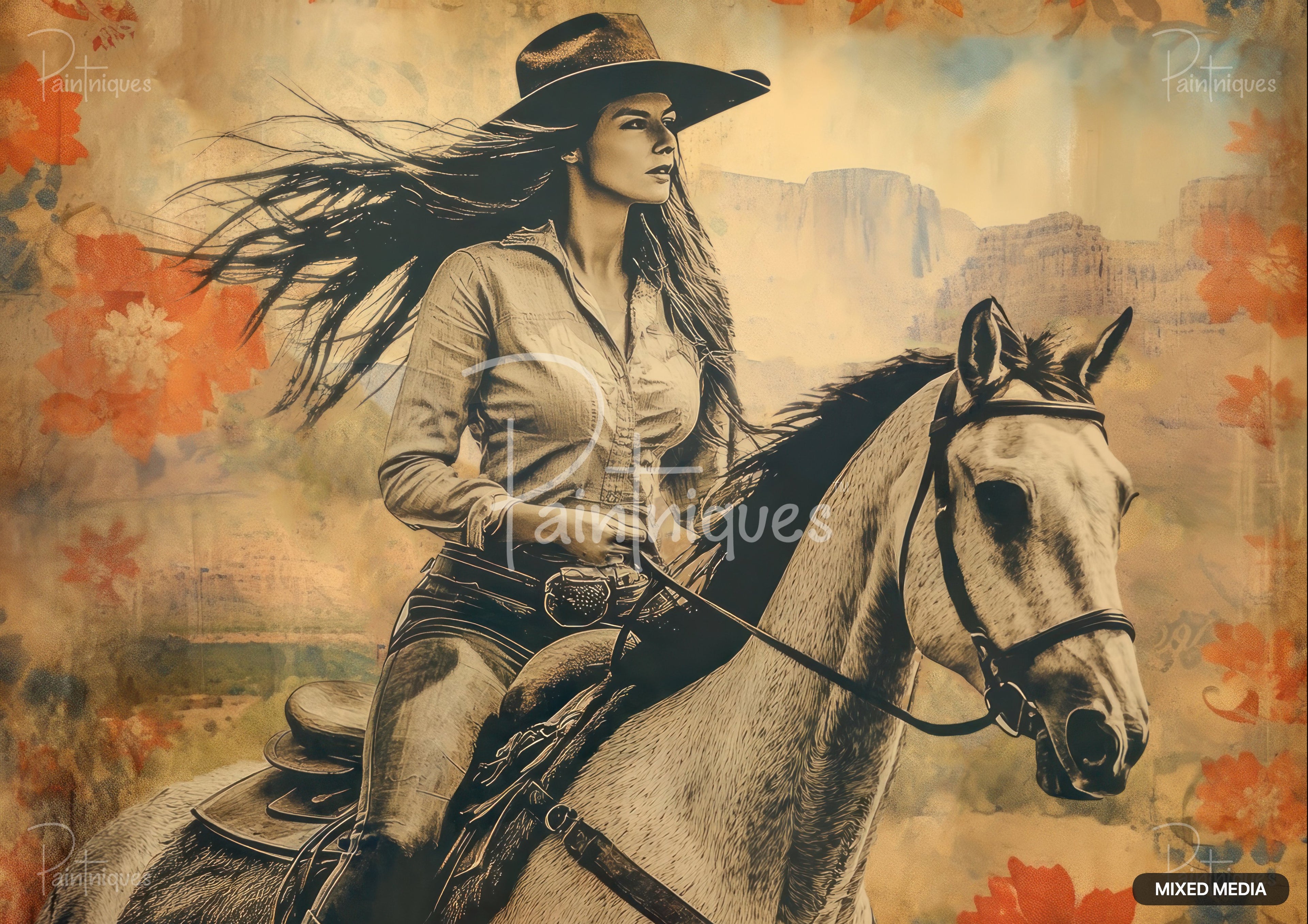 Sepia-toned art of a woman on horseback, with long flowing hair, wearing a cowboy hat and denim shirt.
