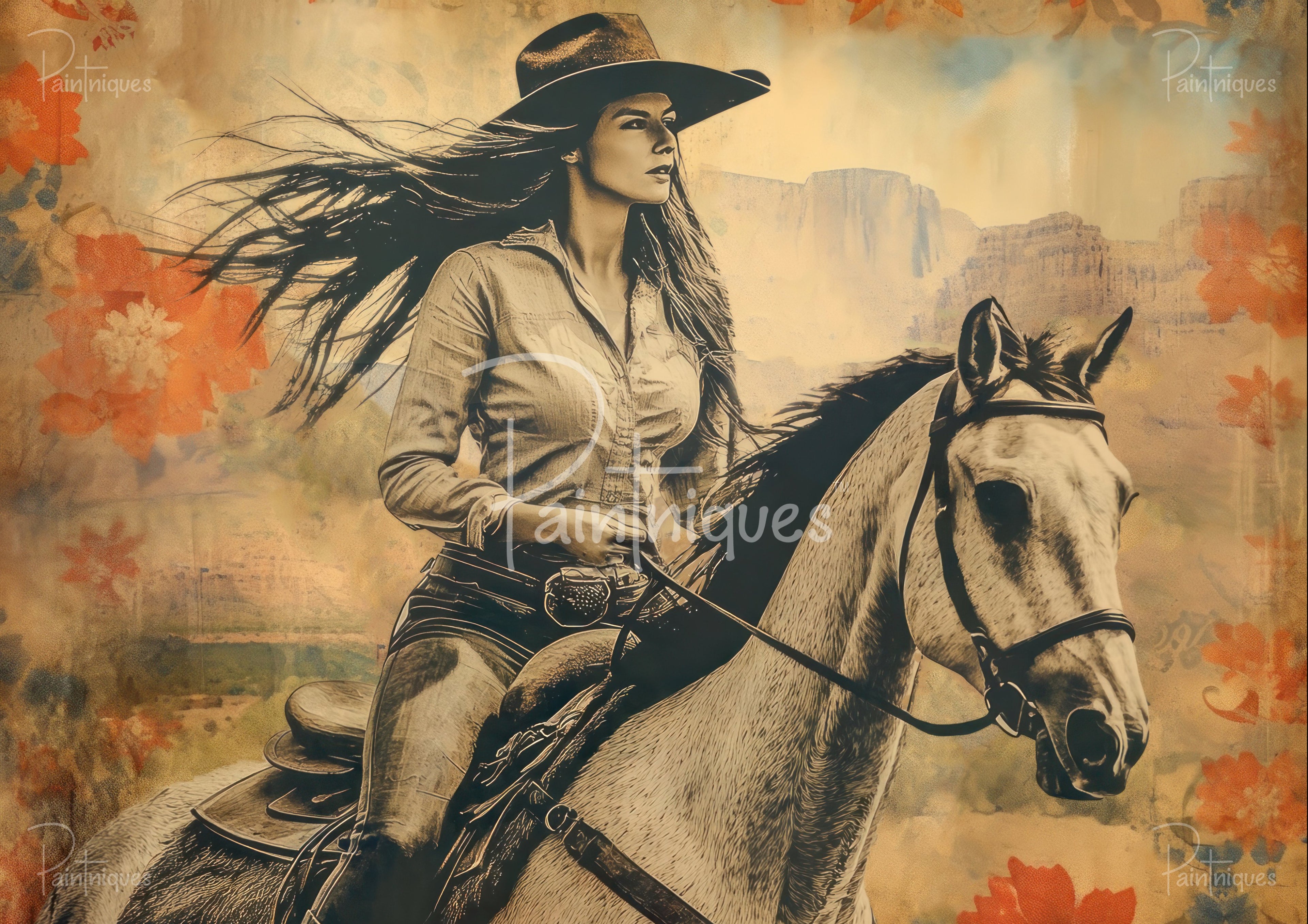 Sepia illustration of a cowgirl in a wide-brim hat riding a horse, hair streaming, desert mesas and orange floral overlays.