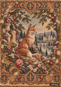 Tapestry art of a fox sitting on a snowy, flower-covered ledge overlooking a castle, bridge, and river. Intricate floral border.