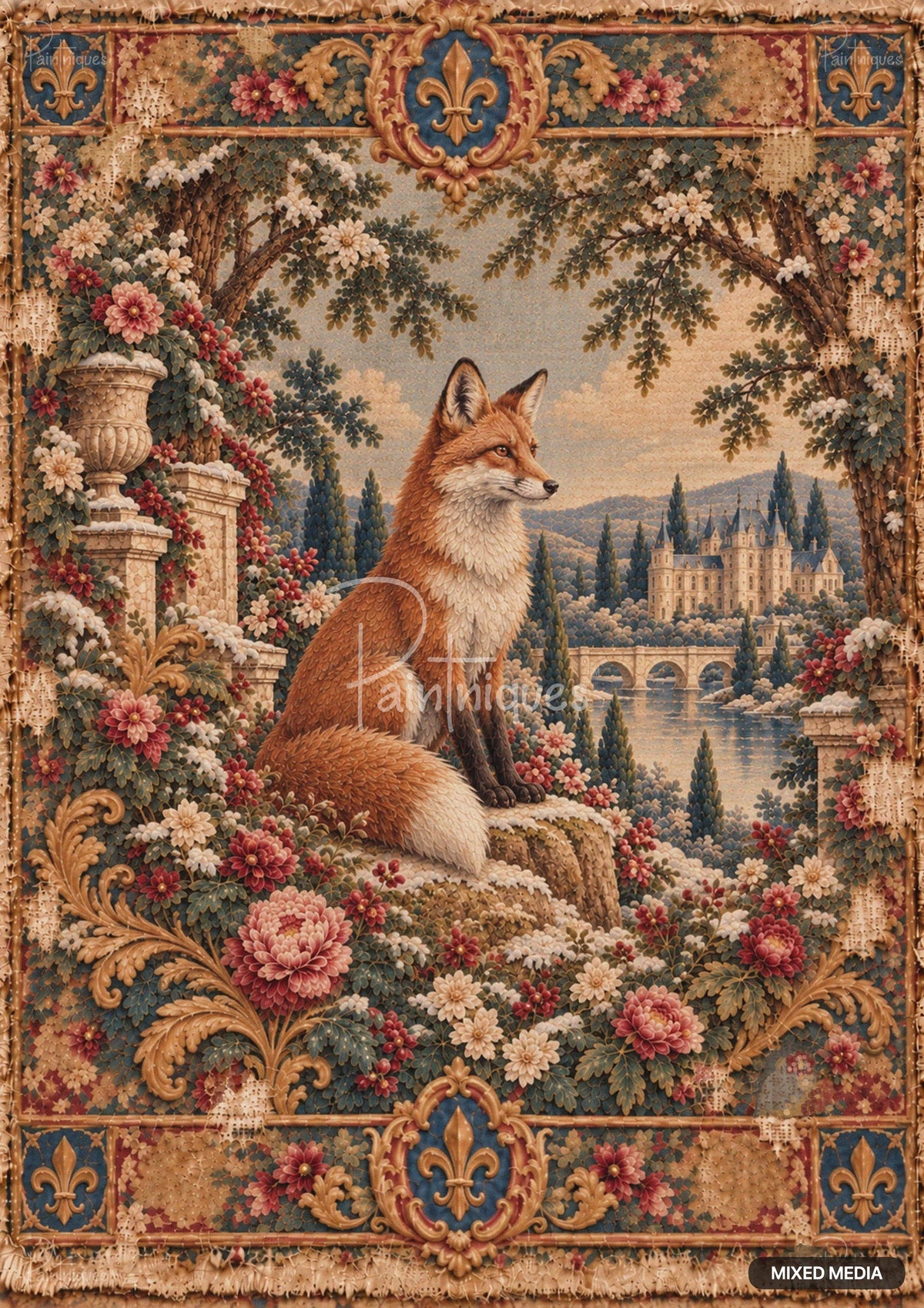 Tapestry art of a fox sitting on a snowy, flower-covered ledge overlooking a castle, bridge, and river. Intricate floral border.