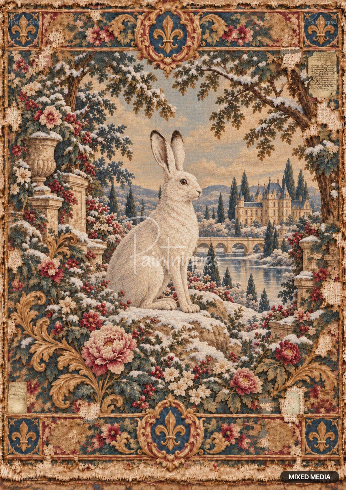 A winter tapestry: white rabbit on a snowy hill, ornate flowers, a castle, and river in the background, bordered with gold details.