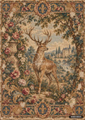 Tapestry-style art featuring a stag in a forest with a castle and bridge, surrounded by ornate floral borders and fleur-de-lis.