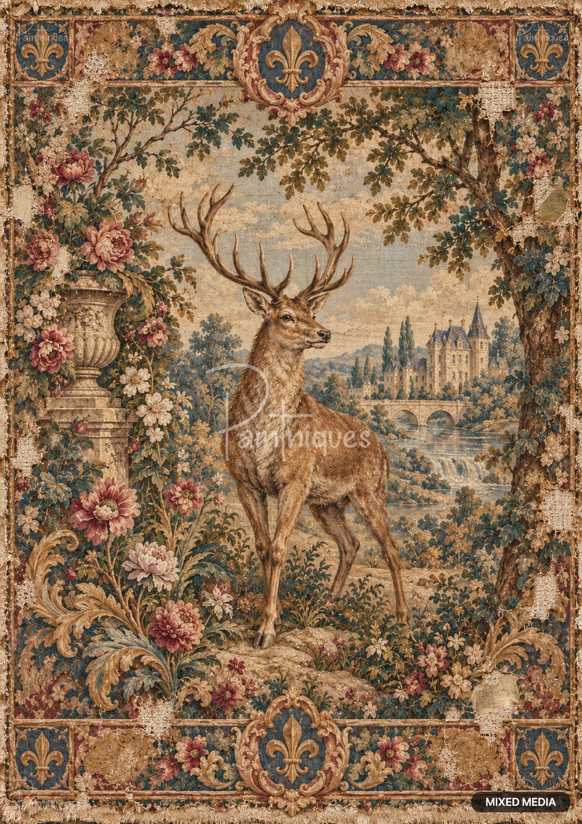 Tapestry-style art featuring a stag in a forest with a castle and bridge, surrounded by ornate floral borders and fleur-de-lis.