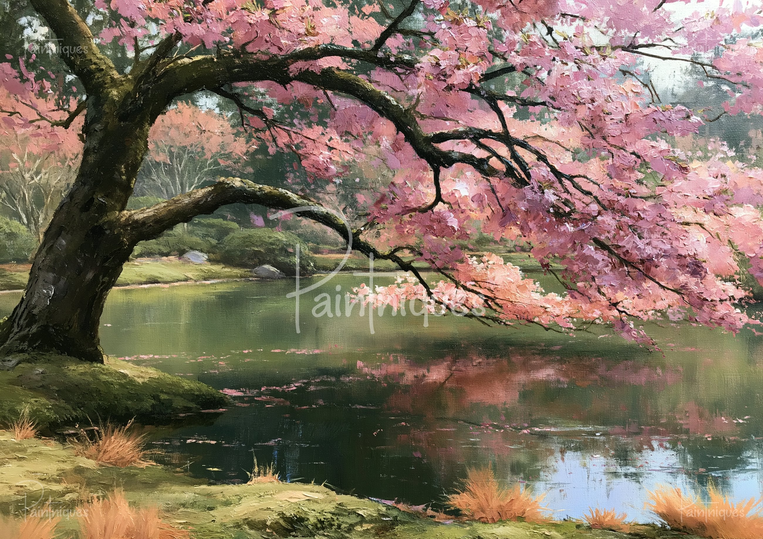 Cherry tree with sweeping pink blossoms arching over a calm pond, reflected in the water