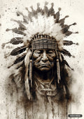 Grayscale portrait of an elder wearing a feather headdress and beaded necklace, with paint splatters and drips.