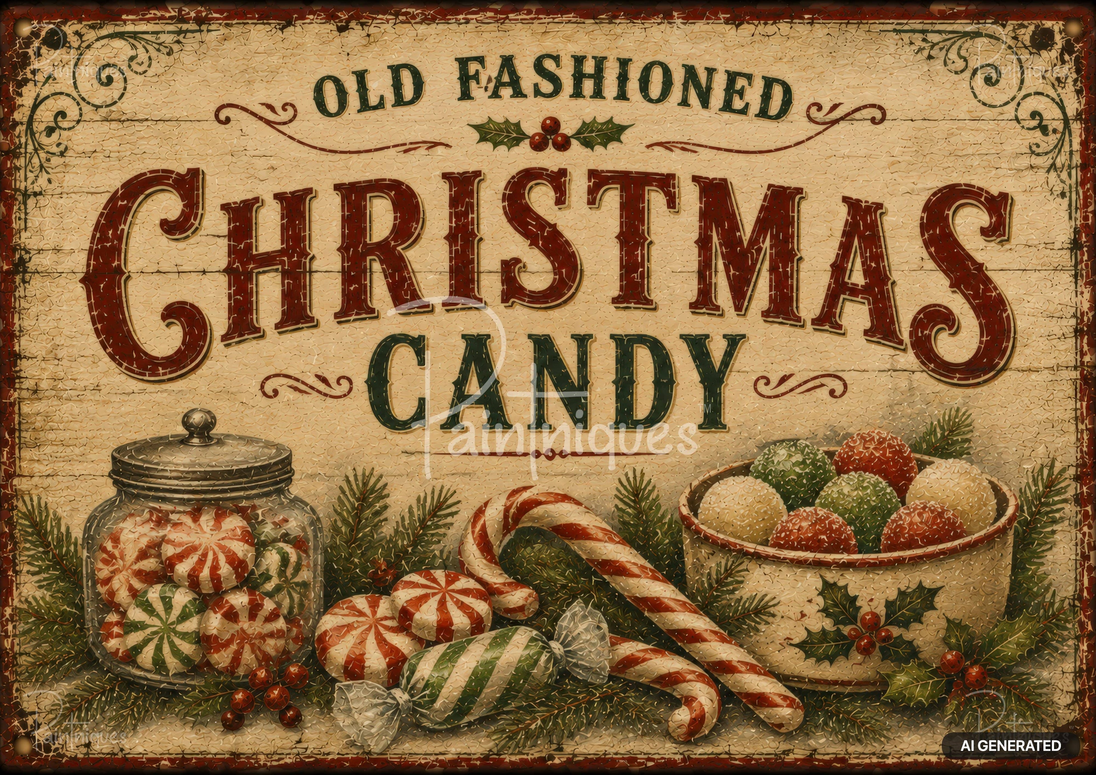 Vintage sign with "OLD FASHIONED CHRISTMAS CANDY" text, a jar of peppermints, candy canes, and sugar plums.