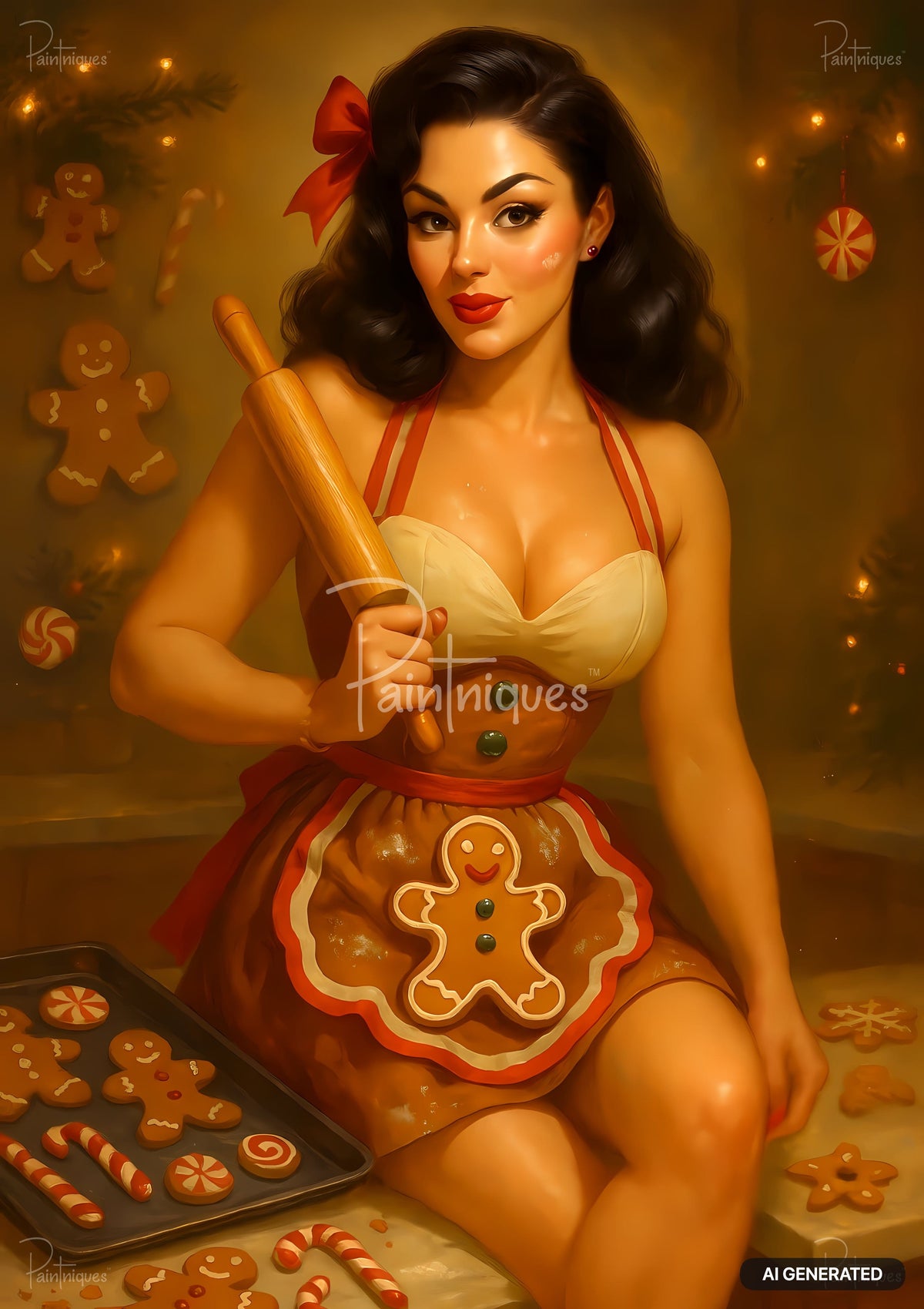 Vintage pin-up woman in a gingerbread apron holding a rolling pin beside a tray of freshly baked holiday cookies.