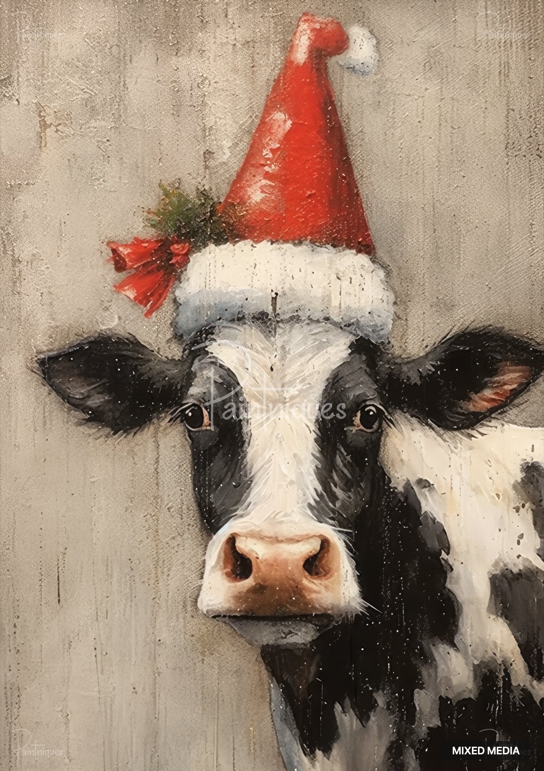 A black and white cow wears a red Santa hat with a sprig of greenery and two red bells on its left side.