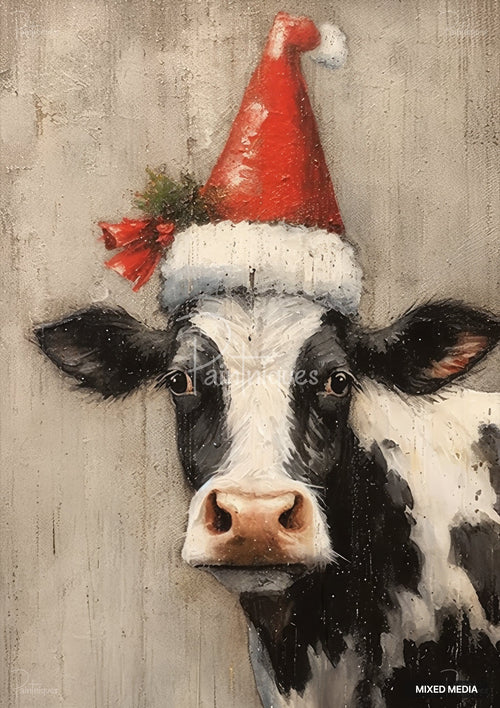 A black and white cow wears a red Santa hat with a sprig of greenery and two red bells on its left side.