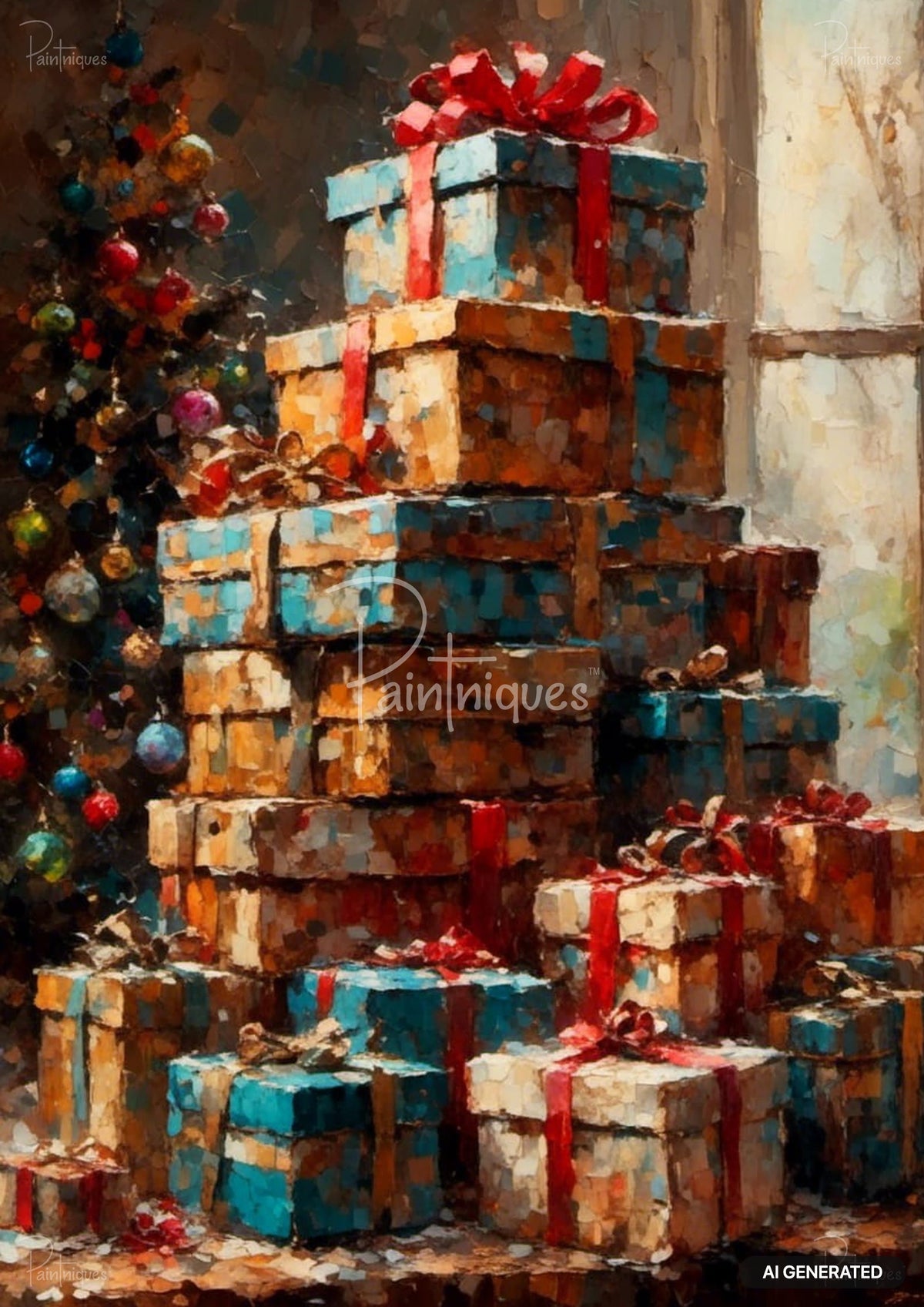Impressionistic painting of a tall pile of gift boxes wrapped in various colors with red ribbons, next to a decorated Christmas tree.