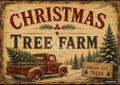 Vintage sign for "Christmas Tree Farm" with a red truck, evergreen trees, and a "Fresh Cut Trees" sign.