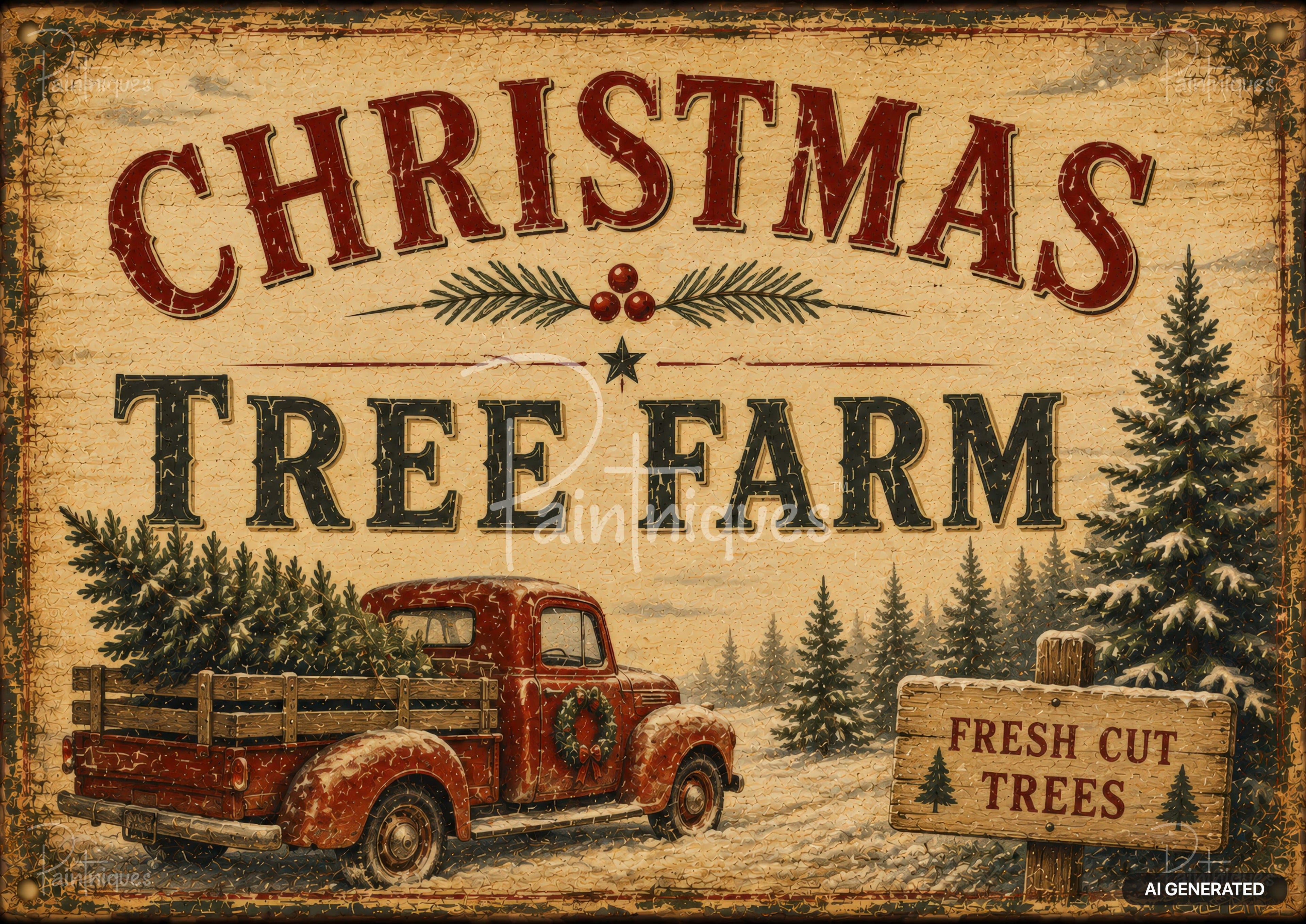 Vintage sign for "Christmas Tree Farm" with a red truck, evergreen trees, and a "Fresh Cut Trees" sign.