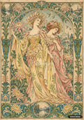 Two women in ornate flowing gowns, crowned with flowers, standing amidst botanical borders with chrysanthemums and landscape vignettes.