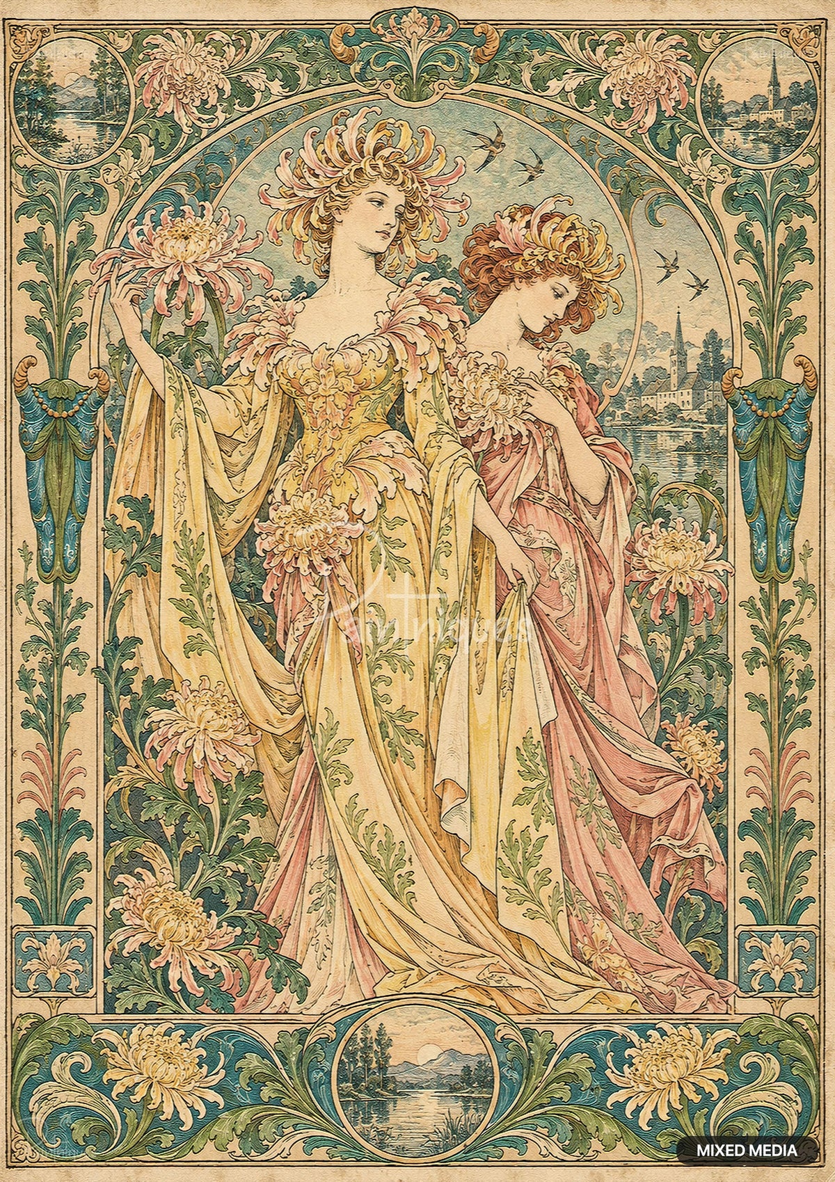 Two women in ornate flowing gowns, crowned with flowers, standing amidst botanical borders with chrysanthemums and landscape vignettes.