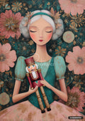 Stylized girl with white hair, closed eyes, holding a nutcracker, against a background of teal, pink, and gold flowers.